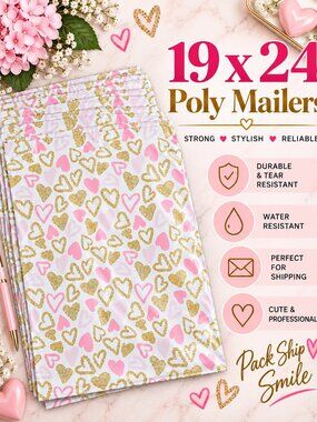 10- 19x24 Pink and Gold Heart Poly Mailers